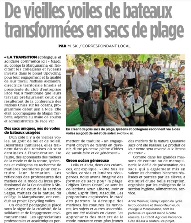 Le projet UPCYCLING Voiles ⛵️ est dans la presse Var Matin Toulon du jeudi 29 mai 2025.