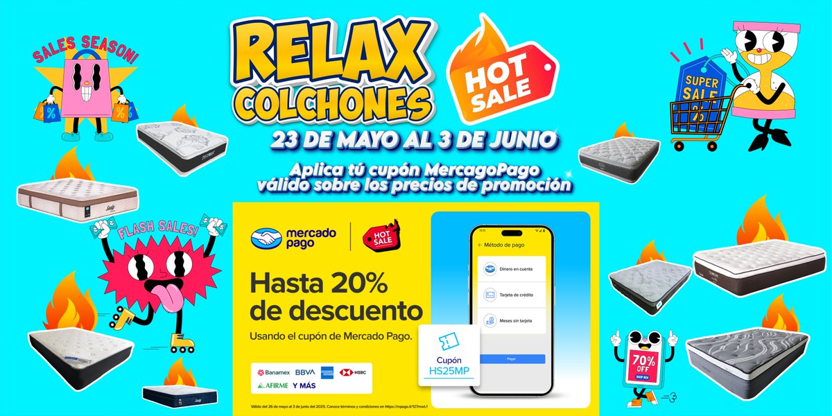 RelaxColchones's tweet photo. Esta 🔥 #HotSale 🔥 aprovecha ¡Hasta 60% de Descuento! en productos marcados
¡Utiliza el cupón de #MercadoPago 🎫HS25MP para un 20% Adicional!🤩

#ModoAhorroActivado #Relax #Colchones #Sealy #SpringAir #Restonic #America #Therapedic #Puebla #Tlaxcala https://t.co/n5pMhG8Hu8