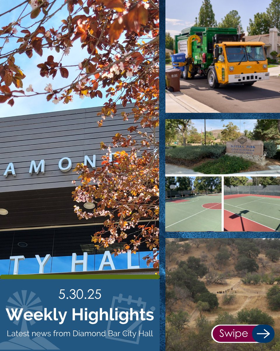 🎉 Happy Friday, Diamond Bar!
Your DB Weekly Highlights are here with all the latest updates and happenings around town! 👇
📬 Check your inbox or view it here:
🔗 diamondbarca.gov/CivicSend/View…

Here’s what’s in this week’s roundup:
🗑️ Trash Cart Exchange Reminder
🎾 Pantera Park