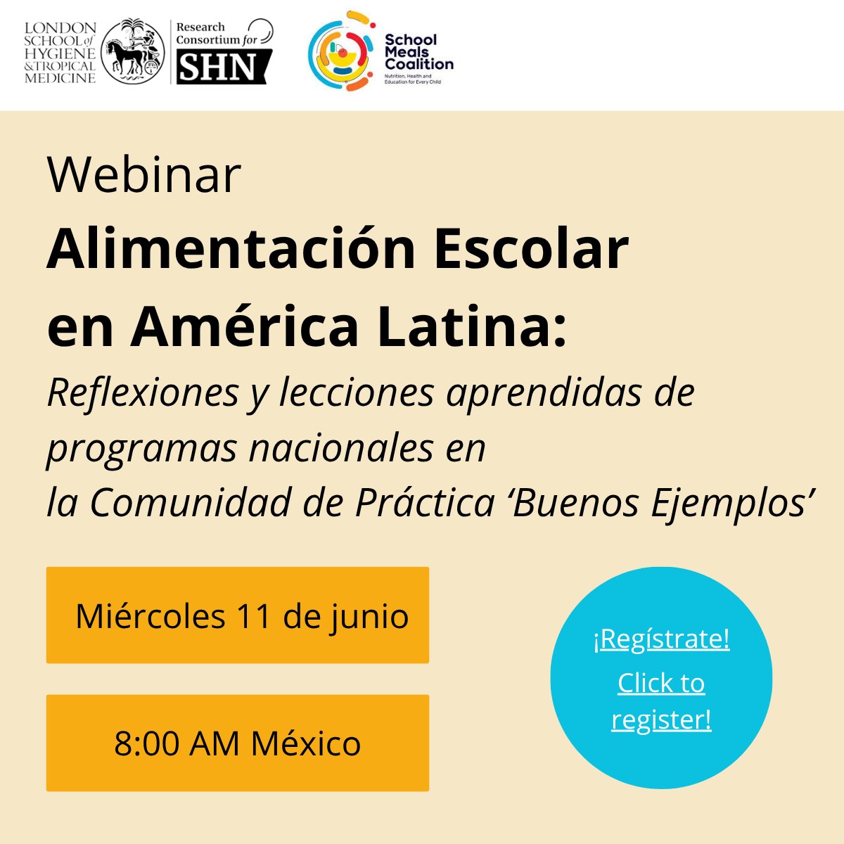 🌎 Seminario web de la Comunidad de Práctica sobre Buenos Ejemplos de Alimentación Escolar
📅 11 de junio | 8:00–9:30 h (México)
¡Se compartirán las experiencias de Colombia, Ecuador y México!
🔗lshtm.zoom.us/webinar/regist…