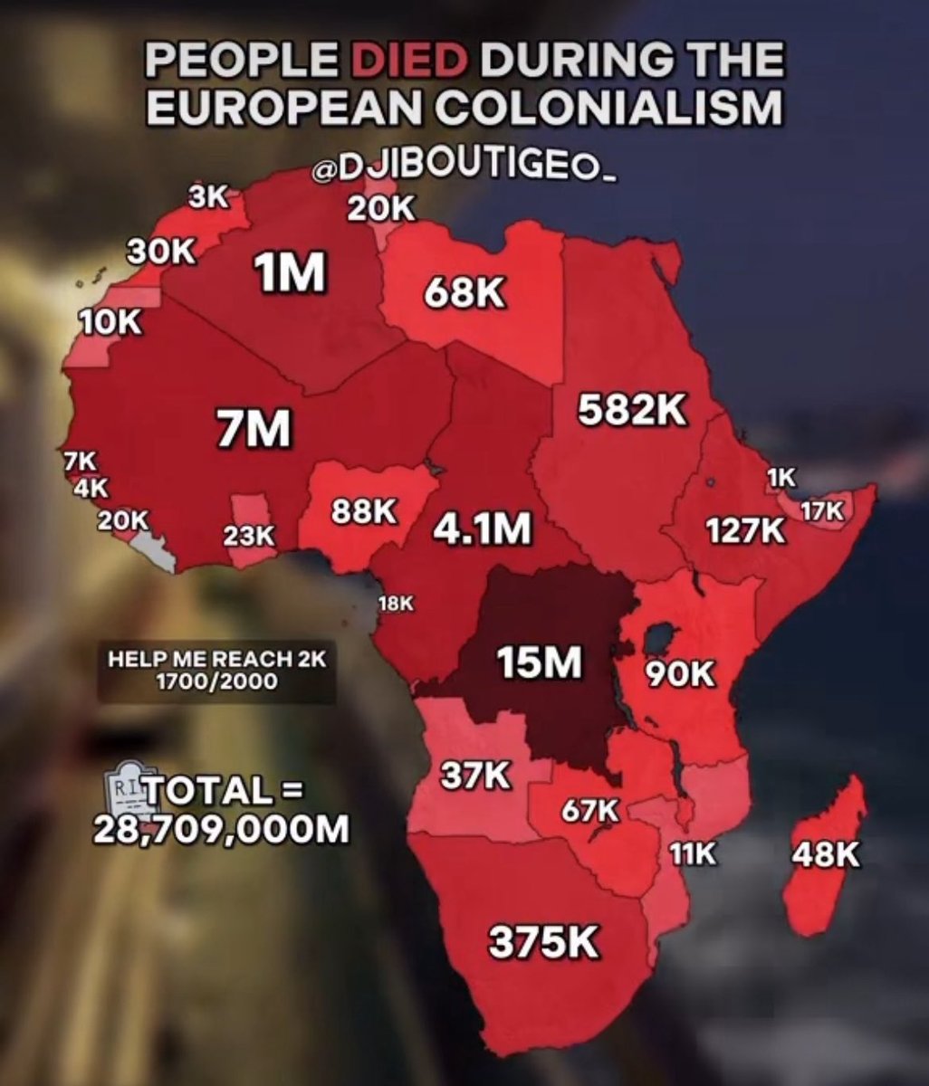 OmerFreixa's tweet photo. Mapa que indica la cantidad de muertes producto del colonialismo europeo en África. Muy difícil de cuantificar.

15 millones en la actual República Democrática del Congo. Impresionante por empezar solo allí.

Total: 28,7 millones pero pregunto, ¿no serán más?

Vía @Joe__Bassey https://t.co/CNzeaqbA8H