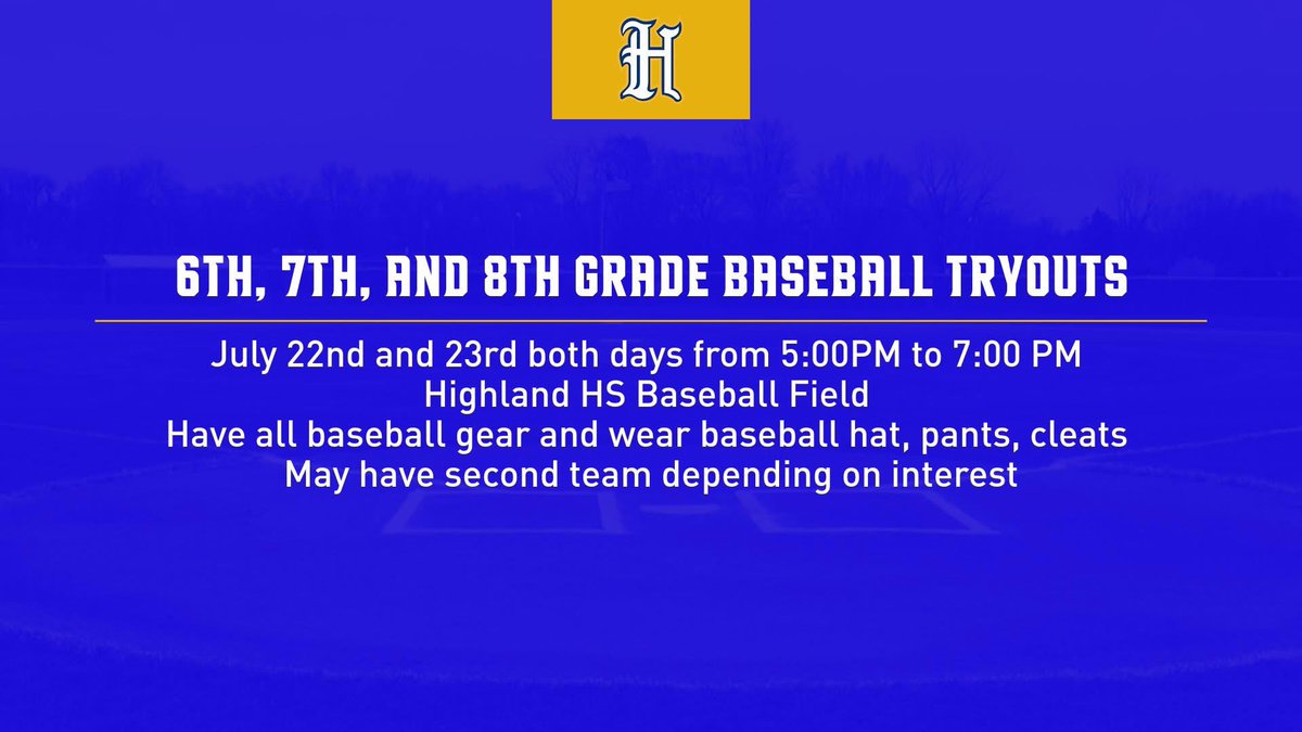 ⚾️🔥 Calling all future Highland Trojans! 🔥⚾️
📣 We're hosting Baseball Tryouts for 6th, 7th, and 8th grade students!
📅 July 22nd &amp; 23rd
🕔 5:00 PM – 7:00 PM (both days)
📍 Highland HS Baseball Field

✅ Register here: docs.google.com/forms/d/e/1FAI…