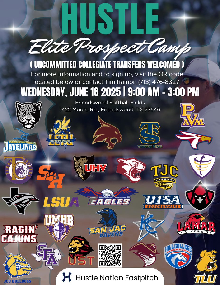 Calling all uncommitted athletes &amp; college transfers!
Over 30 college programs represented!

📅 Wed, June 18
🕘 900 AM – 300 PM
📍 Friendswood Softball Fields – 1422 Moore Rd, Friendswood, TX
📲 Scan the flyer QR code or contact Coach Tim Ramon (713) 476-8327 for info!