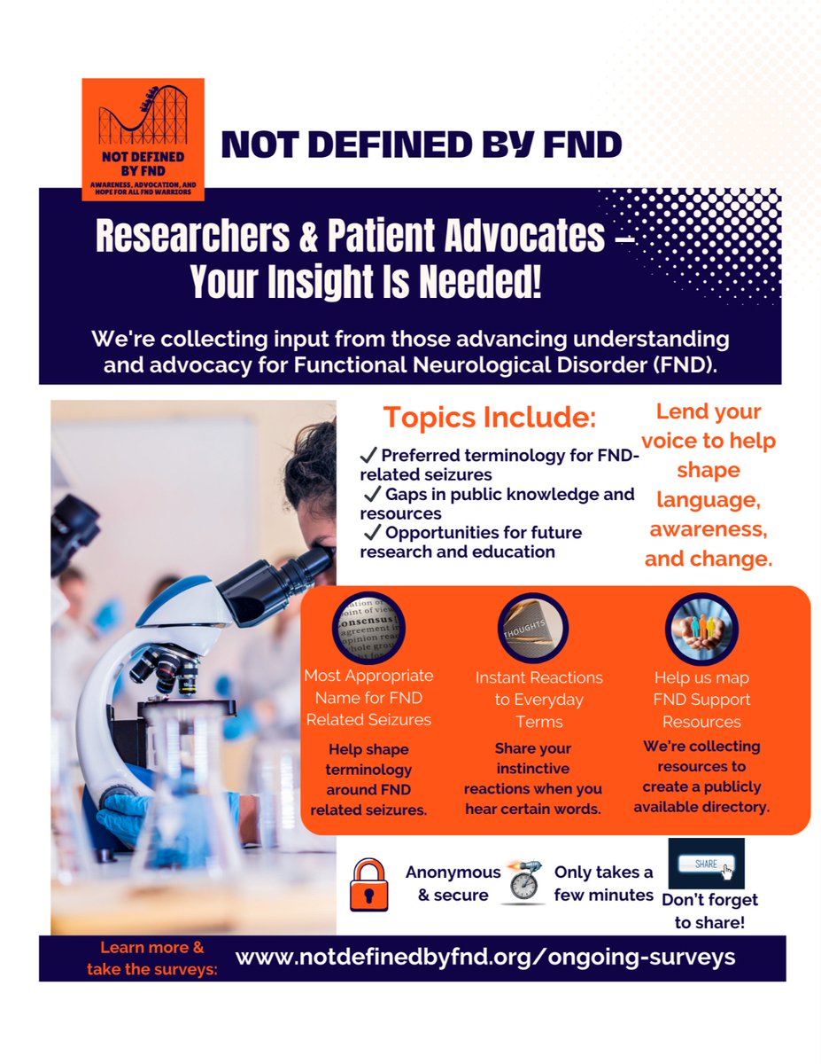 🔬 Are you an FND advocate or researcher?
We need your input!

🧠 Help improve FND language
📊 Identify knowledge gaps
📣 Raise awareness

📋 Take our short, anonymous survey:
👉 notdefinedbyfnd.org/ongoing-surveys

#FNDresearch #FNDadvocacy #Neurodiversity #DisabilityAwareness #FNDAware