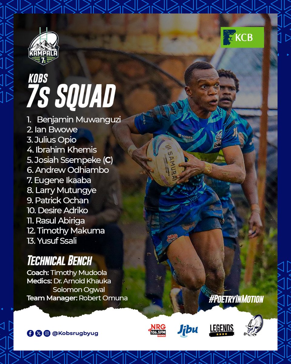Of course we will. Anything for a good cause! 🌳

Captained by <a href="/ssempeke10/">Josiah K Ssempeke</a>, here’s how we’ve lined up for the #Kampala7s 

🗓️31st May - 1st June
📍<a href="/Kingsparkarena/">King's Park Arena</a> 
 
Join us as we play rugby to conserve our environment. 
#PoetryInMotion #BlueArmy #KCBKOBs