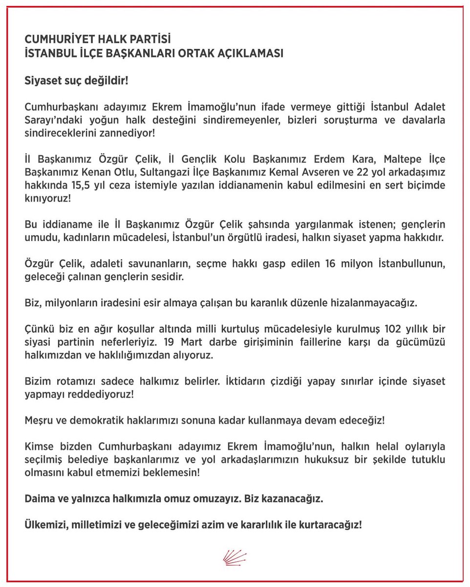 AV.HAKAN KIZILELMA (@avkizilelma) on Twitter photo CHP İstanbul 39 İlçe Başkanları olarak ortak açıklamamızdır. Hiç bir başkanımız yalnız değildir. Hukuka ve hakkaniyete aykırı her türlü işlemi net ve kesin bir şekilde red ediyoruz. <a href="/ozgurcelikchp/">Özgür Çelik</a> @chpumraniyeilce <a href="/eczozgurozel/">Özgür Özel</a> CHP İstanbul 39 İlçe Başkanları olarak ortak açıklamamızdır. Hiç bir başkanımız yalnız değildir. Hukuka ve hakkaniyete aykırı her türlü işlemi net ve kesin bir şekilde red ediyoruz. <a href="/ozgurcelikchp/">Özgür Çelik</a> @chpumraniyeilce <a href="/eczozgurozel/">Özgür Özel</a>