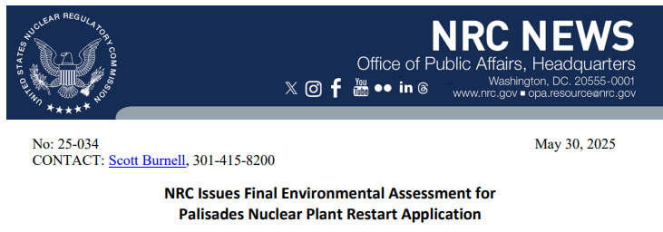 HopfJames's tweet photo. NRC has finished its environmental evaluation of the restart of the Palisades nuclear plant in Michigan.  It concluded that the restart would have "no significant envirnomental impacts."  In other words, the restart passed the evaluation.  Article link in reply.

"No signifcant impact" is the most positive conclusion for environmental impact evaluations.  They don't have a "positive environment impacts" option.

A shame, given that that would clearly be the case here.  When Palisades restarts, it will replace ~800 MW of fossil power generation.  The environmental impacts of fossil generation are orders of magnitude larger than those of nuclear (see graph in 2nd reply).