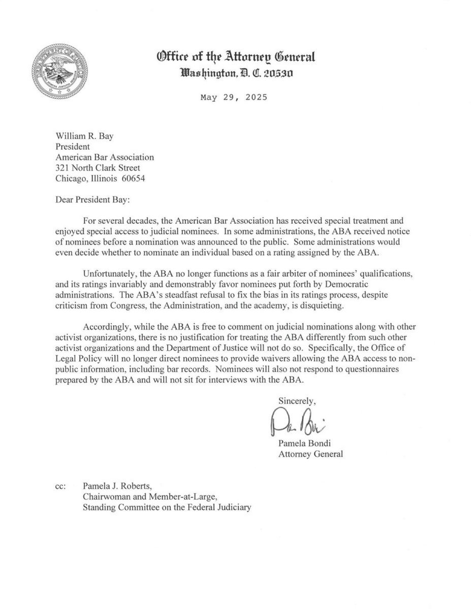 🚨 This isn’t about “fairness” or “bias.” It’s about clearing the runway for Trump to land judges who are loyal to him, not the Constitution.

By cutting the American Bar Association out of judicial vetting, Trump’s DOJ has removed one of the last institutional filters between