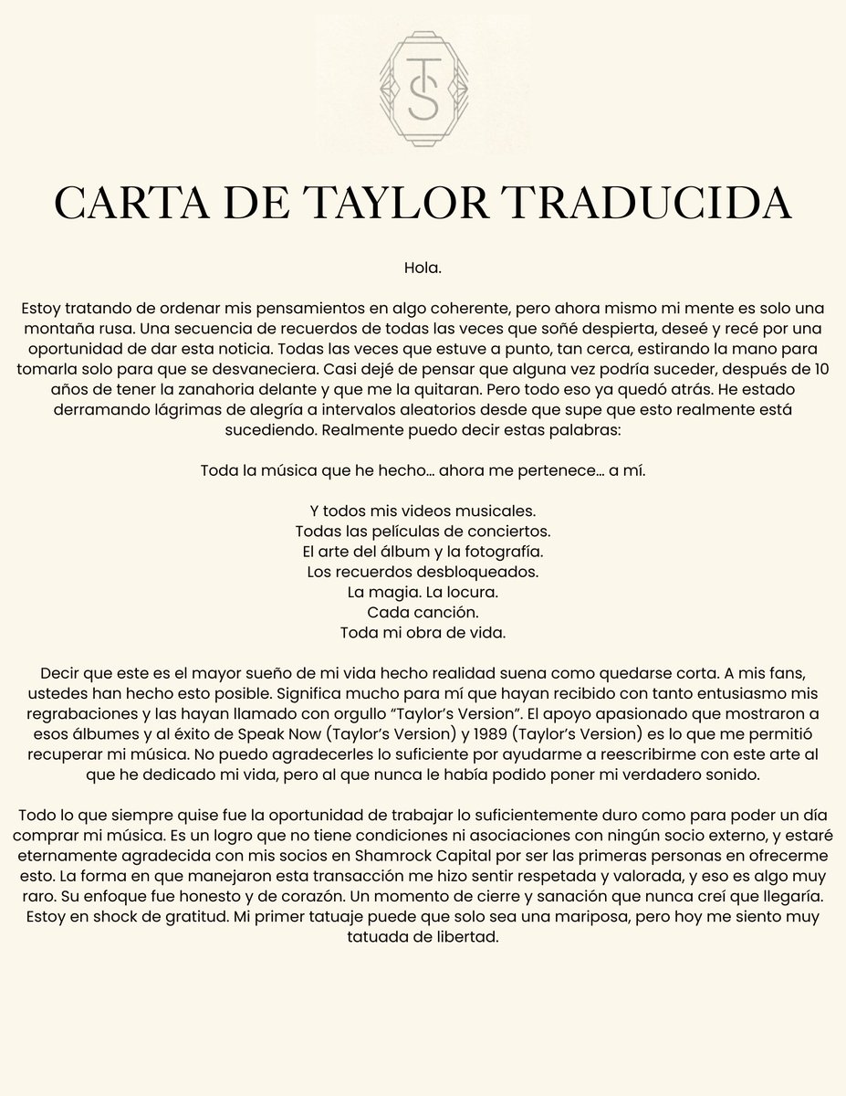 ArlinLucio's tweet photo. TAYLOR ES DUEÑA DE SU MUSICAAAA les dejo la carta traducida #taylorversion @LaPuercaylor @taylorswift13 https://t.co/Ktt2GqJJMH