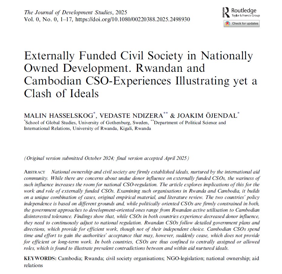 JDevStudies's tweet image. 📢 New in @JDevStudies!
In 🇷🇼, CSOs follow government plans which helps efficiency but limits independence. In 🇰🇭, CSOs face government suspicion which makes their work harder. As donors step back, state control grows.
👉 Read more: doi.org/10.1080/002203…
@JoakimOjen