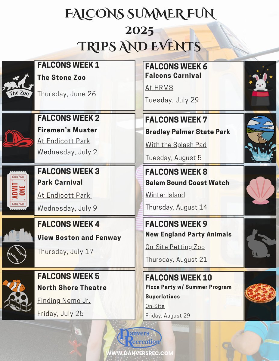 DanversRec's tweet image. Check out the Falcons Summer Fun field trips and events! With a wide variety of activities, there is something for everyone. Remember, you have to be registered for the Falcons week to attend any trip/event. Sign up at danversrec.org🕶🌞