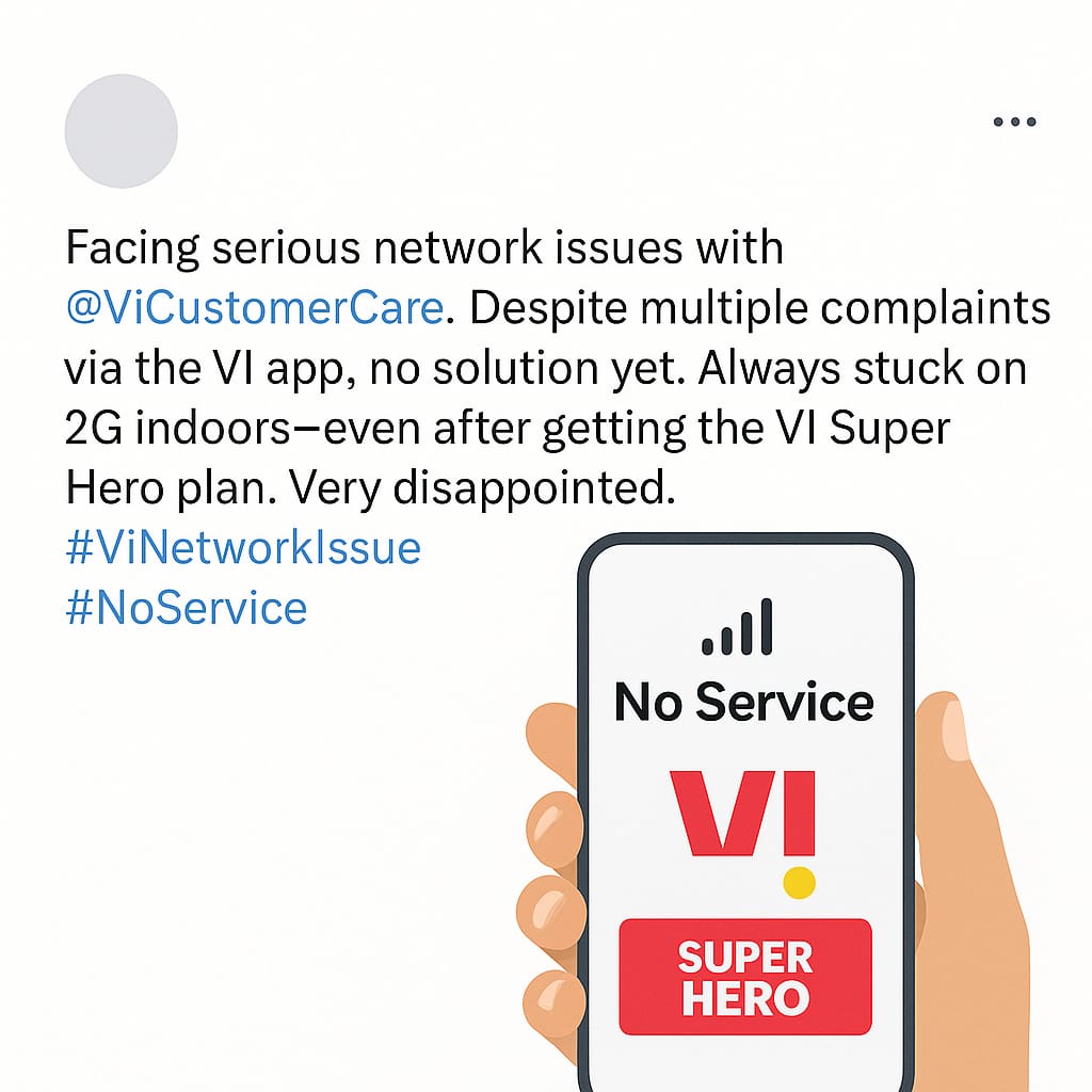 ChandraGho5640's tweet image. Facing serious network issues with @ViCustomerCare. Despite multiple complaints via the VI app, no solution yet. Always stuck on 2G indoors—even after getting the VI Super Hero plan. Very disappointed. #ViNetworkIssue #NoService
