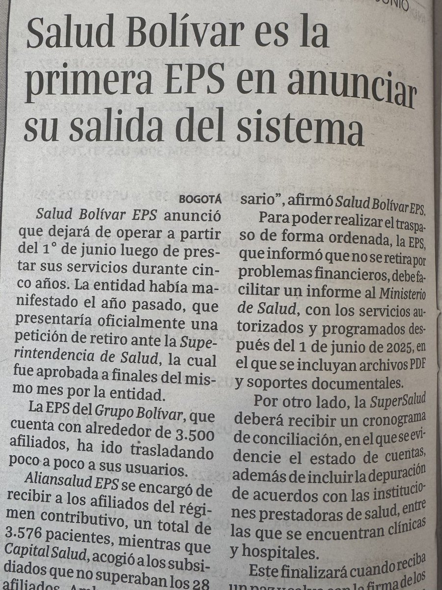 Muy mala noticia la salida de un grupo tan destacado, que le apostó al aseguramiento y al crecimiento del sistema de salud. Las razones son evidentes : cambio en las reglas de juego, incertidumbre, ausencia de diálogo. El
Reto es generar para 2026 nuevos horizontes, atractivos y