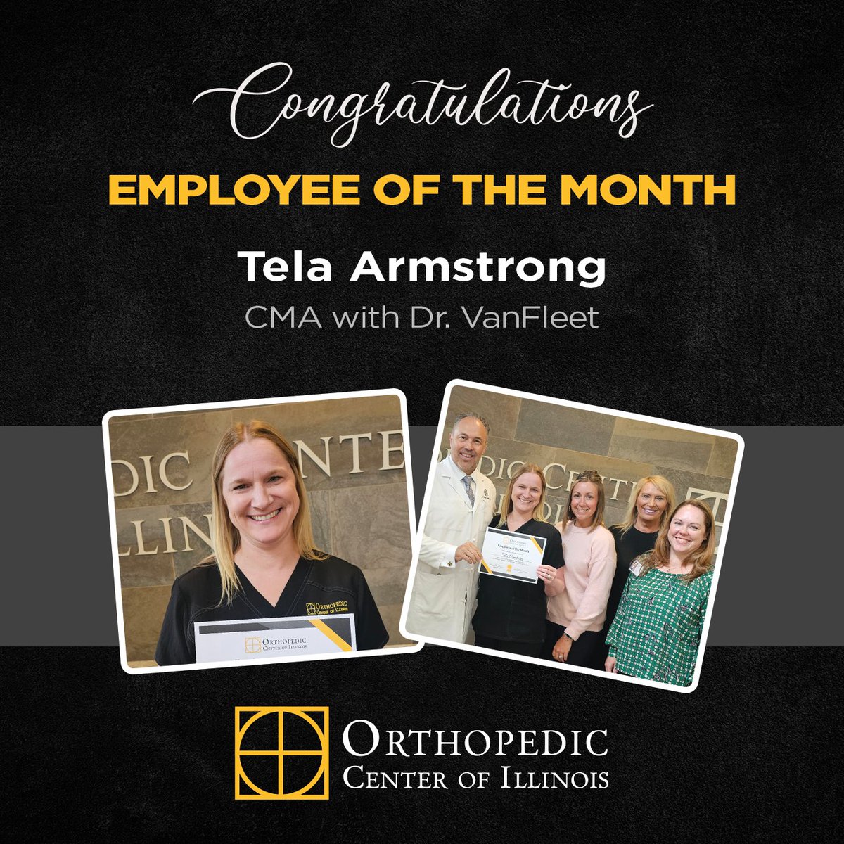 Congratulations to Tela Armstrong, CMA, on being named Employee of the Month for May.

Her nomination stated, “My insurance was a nightmare. Tela was frustrated, as was I, but she didn’t give up on me. She kept things on track and [got everything completed] a day before surgery.”