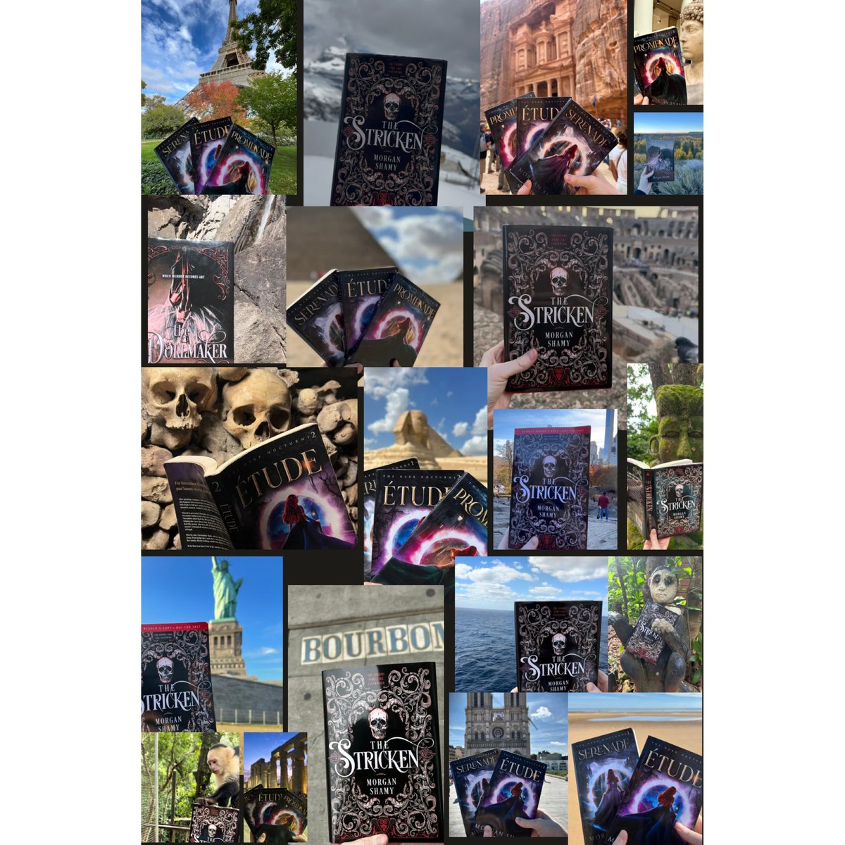My book travels! ✈️📚

Top of volcano. Swiss Alps. Catacombs in Paris. Eiffel Tower. Notre Dame. Normandy. Egypt. Pyramids of Giza. Sphinx. Petra. Israel. Dead Sea. All over Italy. Honduras. Belize. Mexico. Bourbon St to NYC to Oregon coast to Yosemite. Spain. 

So blessed!! 🥹💔