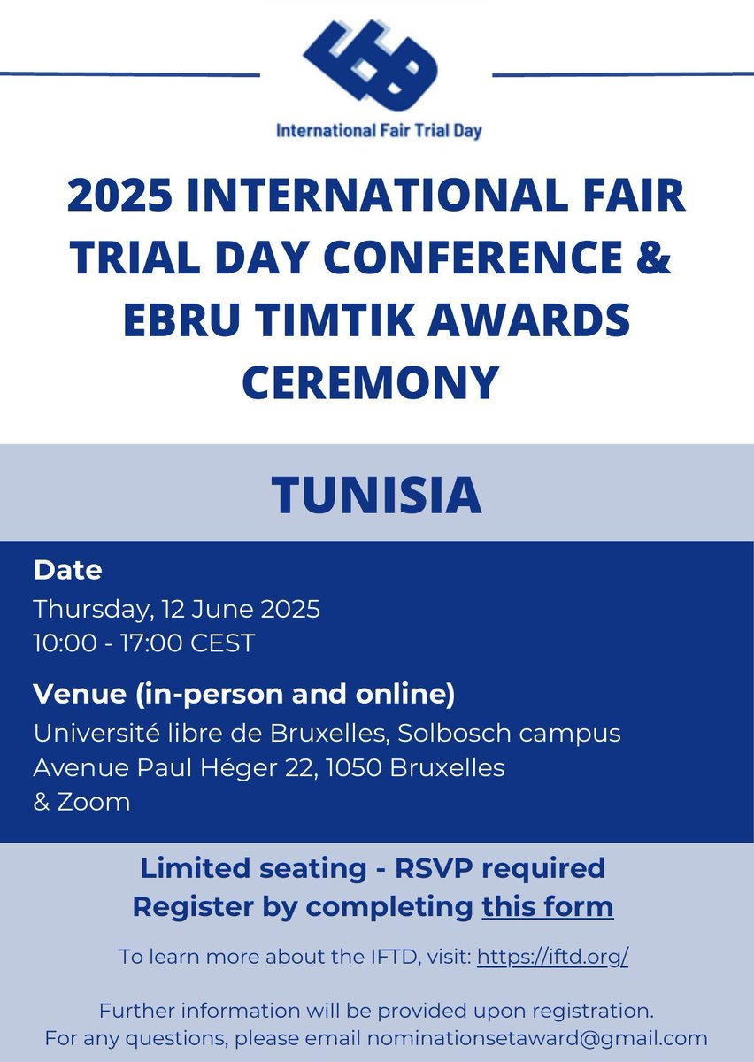 📢Rejoignez-nous le 12 juin à Bruxelles ou en ligne pour la Conférence 2025 de la Journée internationale du procès équitable &amp; la remise du Prix Ebru Timtik.

Focus sur la Tunisie, où justice &amp; procès équitable sont en grave danger.

Inscription: docs.google.com/forms/d/e/1FAI…
Détails⬇️