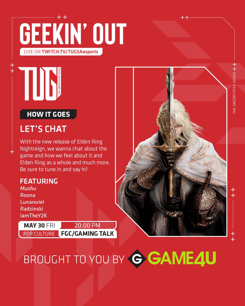 GEEKIN’ OUT #2

Join us once again for another episode of Geekin’ Out, tonight we’ll be having discussion about the anticipated Elden Ring: Nightreign where we’ll sharing our thoughts on it and talking about various topics 

We’ll be live on Twitch, Come through and say hi!😎
