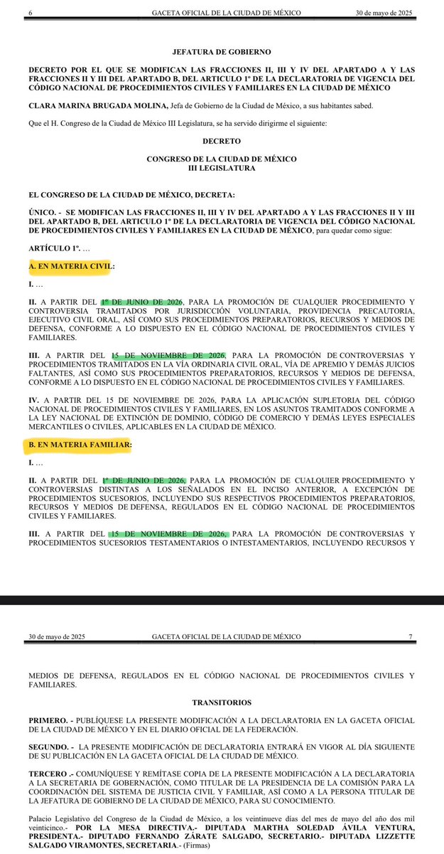 gcardenasoriano's tweet photo. 🚨Modificación de la declaratoria de vigencia del Código Nacional de Procedimientos Civiles y Familiares en CDMX 

Etapa 2️⃣: 01 de junio de 2026
Etapa 3️⃣: 15 de noviembre de 2026

🗓️Gaceta Oficial de CDMX (30 de mayo de 2025): https://t.co/cpv0dJfxjG