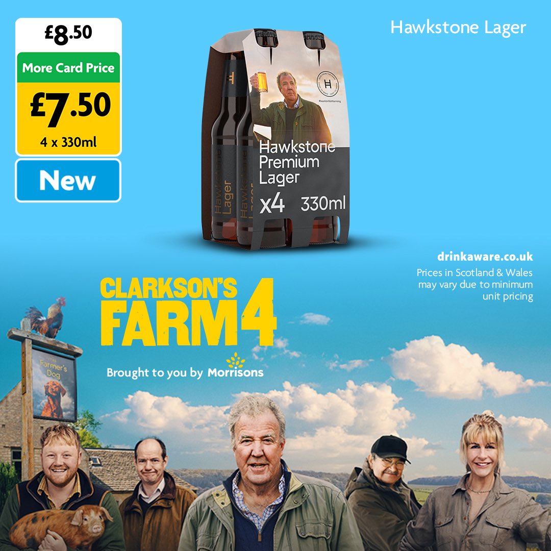 Morrisons's tweet image. You asked, we listened🍻… Pick up a pack of Hawkstone lager for £7.50 when you scan your More Card or app, available in stores and online this weekend👀