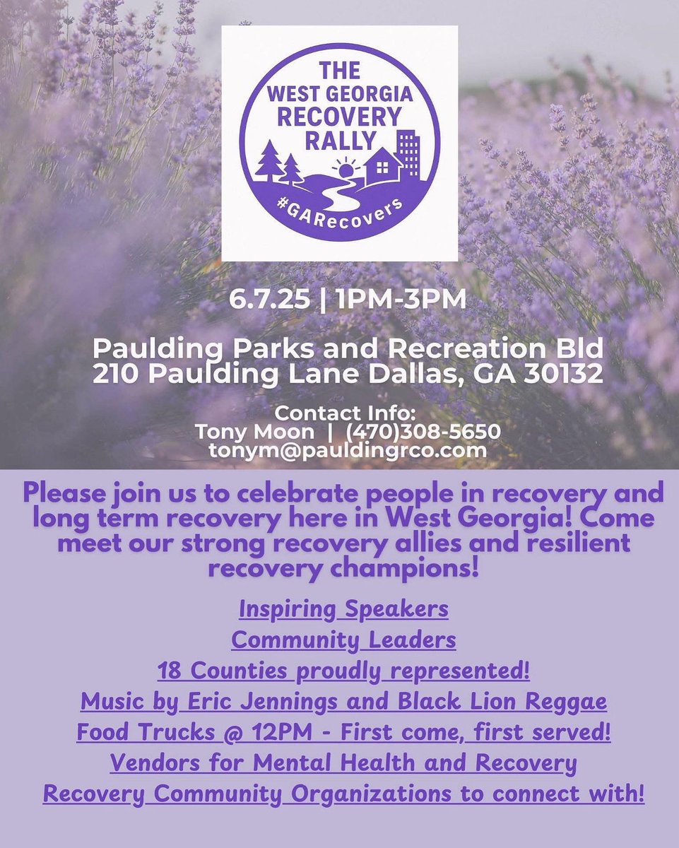 GARecoversBus's tweet photo. The West Georgia Recovery Rally

Join Georgia recovery leaders as we show communities across West Georgia that Recovery is Real

Saturday 7 June, 2025

1 PM - 3 PM 

Paulding Parks and Recreation Building 
210 Paulding Lane 
Dallas 

#GARecovers #gapol https://t.co/PeVayw4TKG
