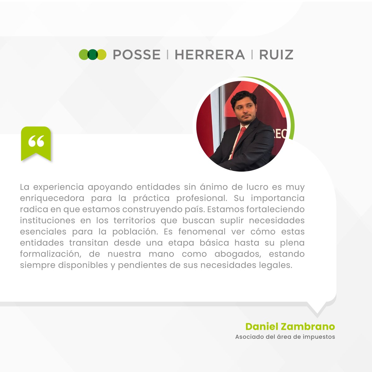 El 27 de mayo se celebró el Día Pro Bono: Derecho con propósito, un espacio de conversación sobre el acceso a la justicia y el impacto social del ejercicio legal. Nuestro asociado Daniel participó, compartiendo su experiencia acompañando a organizaciones sin ánimo de lucro.