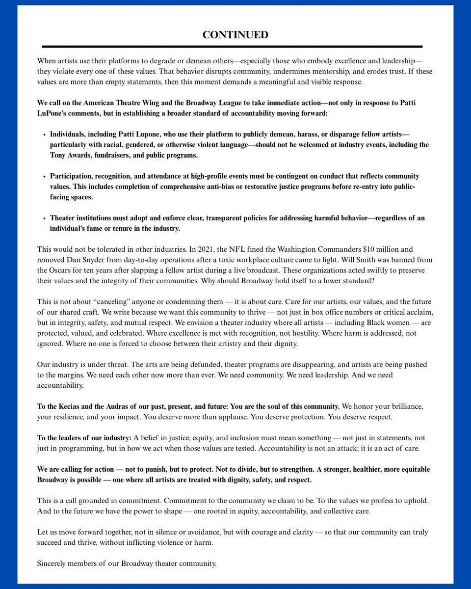 Members of the Broadway community have issued an open letter calling for action to be taken concerning Patti LuPone’s disrespectful words and actions. 

“This letter is a call to action. For it to go beyond words, we must continue to speak up, advocate for one another, and