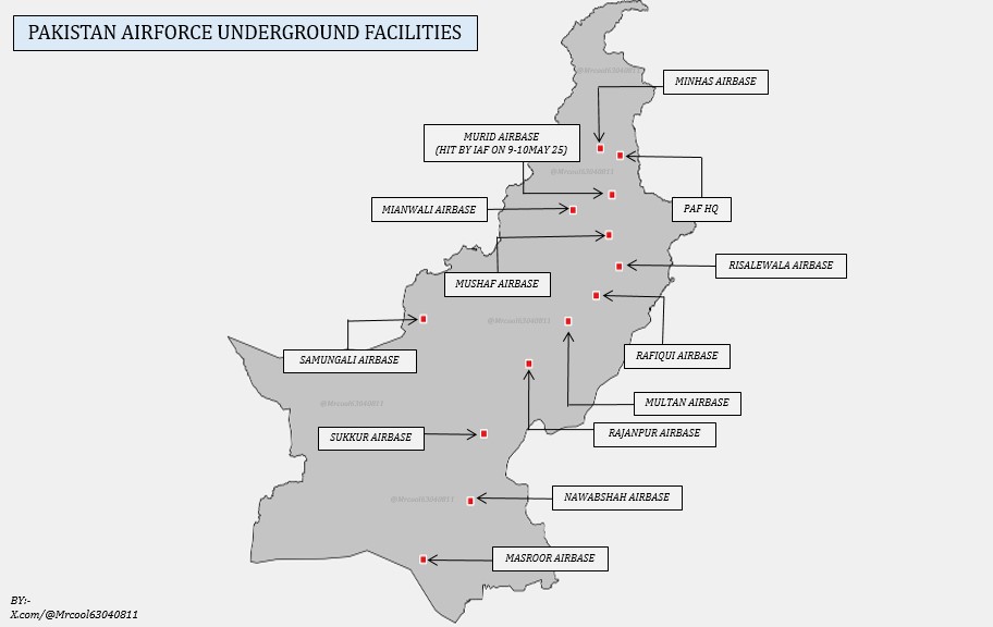 Pakistan Airforce has multiple underground facilities which are located at various airbases across the country.
On 9-10May 25, one of the PAF underground facility at Murid airbase was hit by Indian Airforce.
These are the locations of the Pakistan Airforce underground facilities.