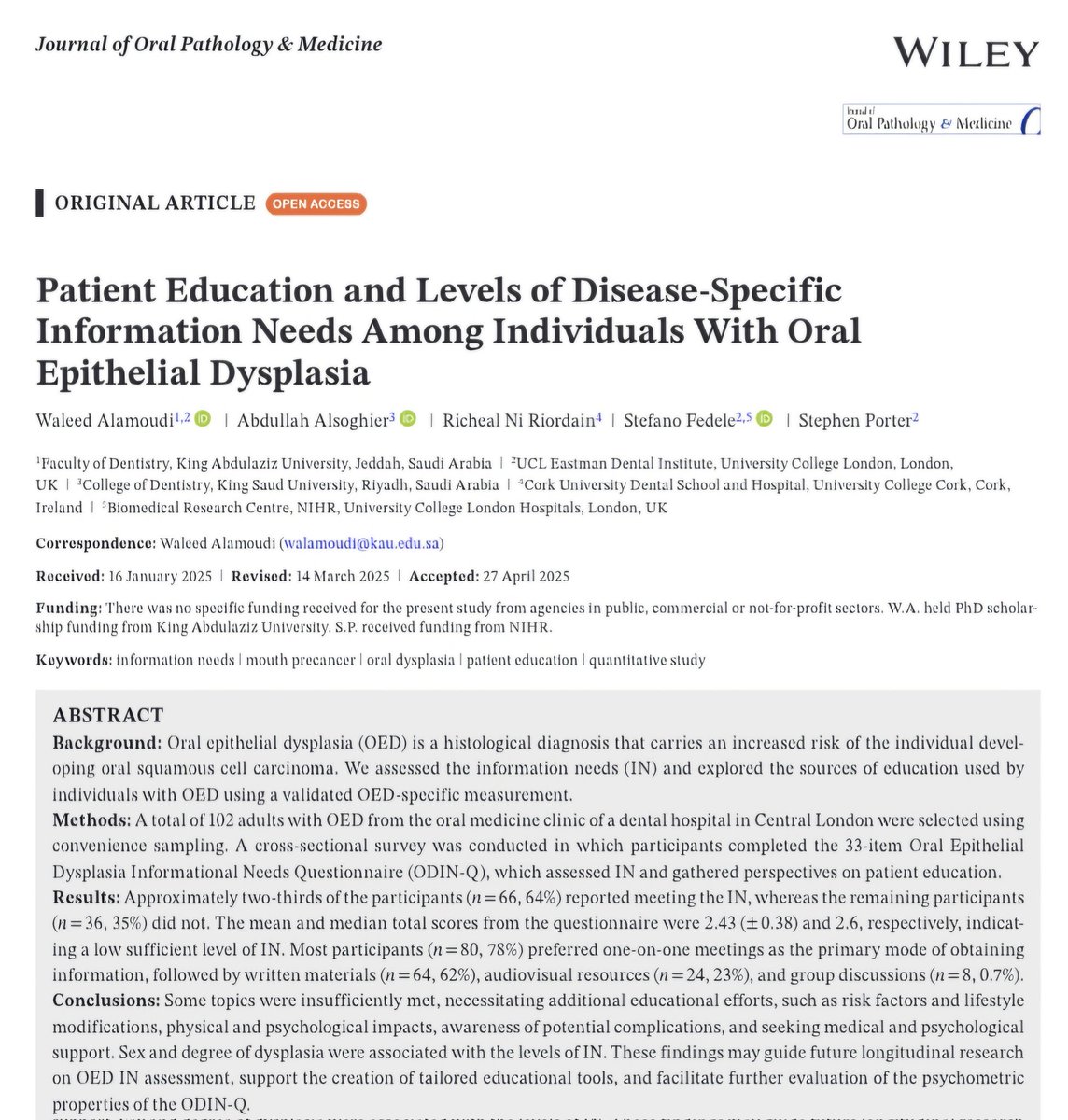 This study indicates that some clinical factors (sex and degree of dysplasia) appeared to be associated with the levels of information needs (IN) in individuals with oral dysplasia.

These findings may guide future longitudinal research on IN assessment. 

onlinelibrary.wiley.com/share/VYJAEQCH…