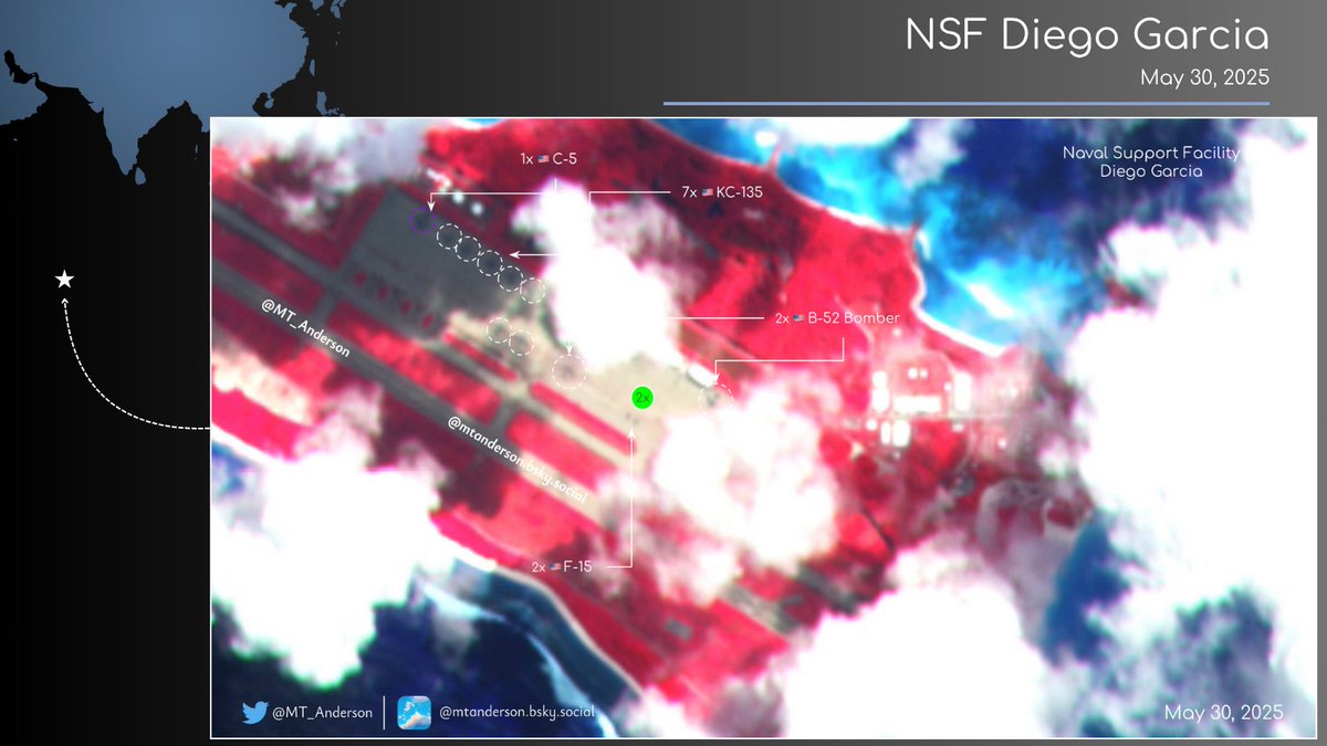 📡 پایگاه دیگو گارسیا | جمعه ۹ خرداد | تصاویر سنتینل-۲
🌫️با وجود پوشش ابری سنگین، در تصاویر شناسایی:
✔️ ۲ فروند بمب‌افکن B-52
✔️ ۲ فروند جنگنده F-15
✔️ ۷ فروند تانکر سوخت‌رسان KC-135
✔️ ۱ فروند ترابری سنگین C-5 قابل مشاهده‌اند.