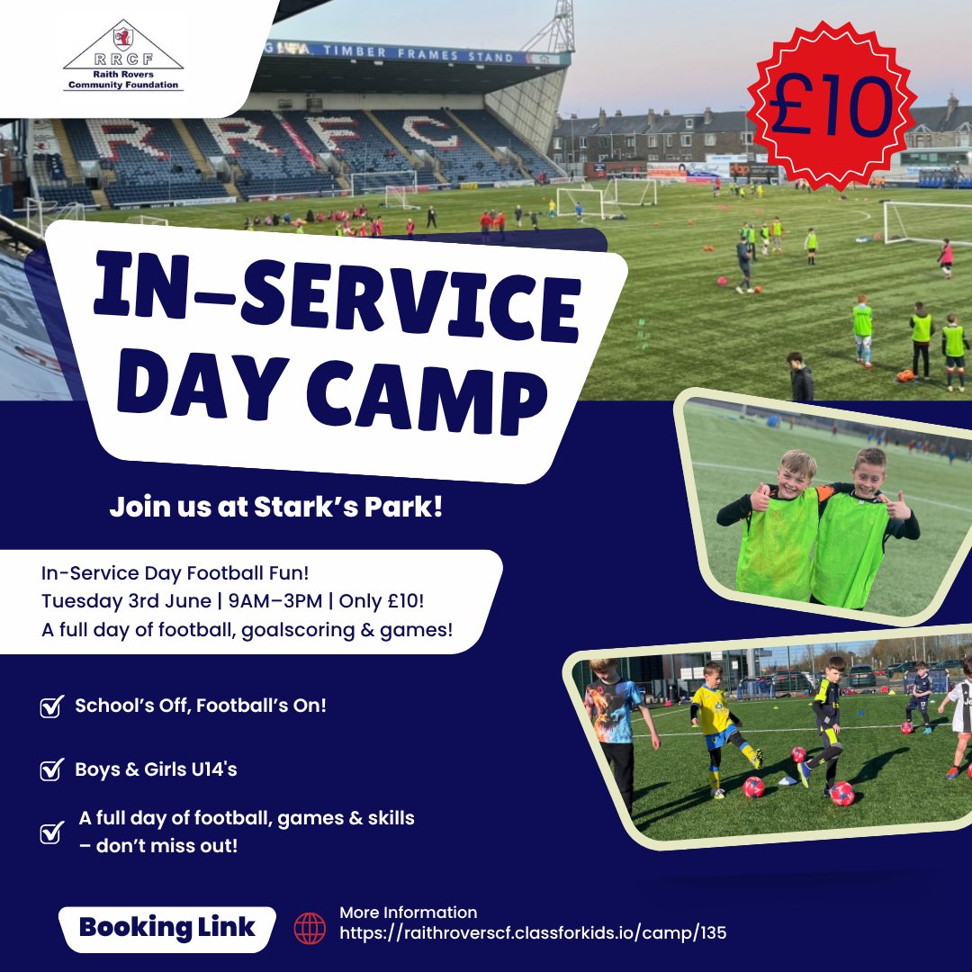 ⚽ In-Service Day Football Fun at Stark’s Park! ⚽

📅 Tuesday 3rd June
⏰ 9AM – 3PM
💷 Only £10!
📍 Stark’s Park

Join us for a full day of football, goalscoring &amp; games! Perfect for boys &amp; girls looking to enjoy their day off school with some top-quality coaching and fun on the