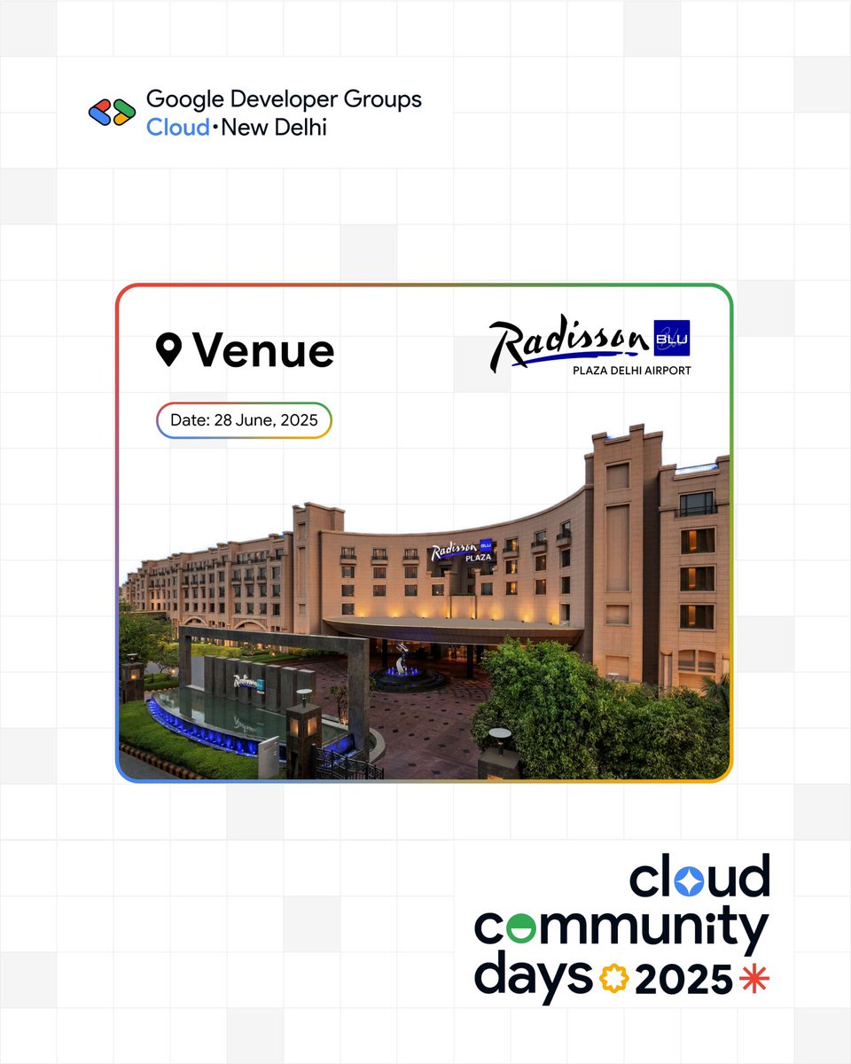 🚨 Venue Unlocked!
We’re thrilled to reveal that GCCD 2025 will take place at the elegant Radisson Blu

Register now:
commudle.com/fill-form/3463

Big ideas, big cloud energy — all coming together under one premium roof.

#GCCDDilli2025 #GDGCloudNewDelhi