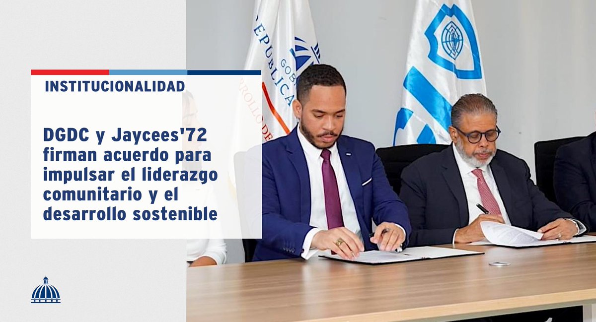 La <a href="/DGDCRDO/">Desarrollo de la Comunidad</a> y Jaycees'72 firmaron un convenio para ejecutar proyectos conjuntos que impulsen el empoderamiento comunitario y el desarrollo local sostenible.

📲 Más información, aquí: presidencia.gob.do/noticias/dgdc-…

#Institucionalidad #ComunicacionesDO