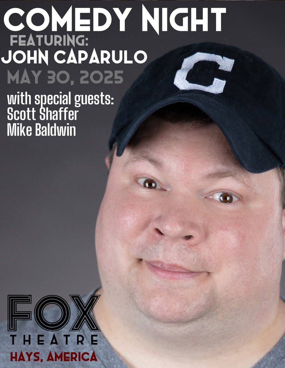 Tonight is the night! Comedy Night returns to the Fox in Hays feat. @johncaparulo. Doors open at 6:30PM. Scott Shaffer &amp; Mike Baldwin are kicking off the show. GA seating is first come, first seated. Get tickets and info at the link in our bio!