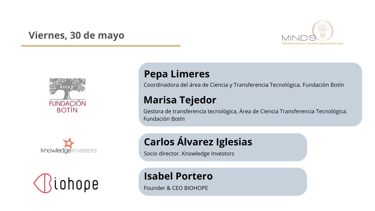 MINDS_Master (@minds_master_) on Twitter photo Hoy en MINDS
🗣️ Pepa Limeres y Marisa Tejedor de la <a href="/fundacionbotin/">Fundación Botín</a> junto con Carlos Álvarez Iglesias de <a href="/kinvestors/">Knowledge Investors</a> e Isabel Portero de <a href="/BiohopeS/">BIOHOPE Scientific</a> imparten una sesión de enorme valor para conocer el complejo escenario del emprendimiento científico Hoy en MINDS
🗣️ Pepa Limeres y Marisa Tejedor de la <a href="/fundacionbotin/">Fundación Botín</a> junto con Carlos Álvarez Iglesias de <a href="/kinvestors/">Knowledge Investors</a> e Isabel Portero de <a href="/BiohopeS/">BIOHOPE Scientific</a> imparten una sesión de enorme valor para conocer el complejo escenario del emprendimiento científico