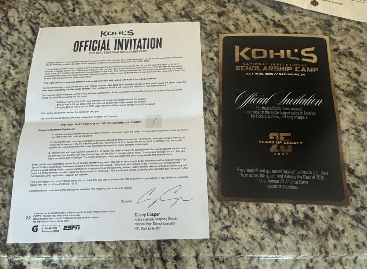 Jackson Brasel (@jackson_brasel) on Twitter photo Thank You <a href="/KohlsKicking/">Kohl's Kicking Camps</a> <a href="/Coach_Casper/">Coach Casey Casper</a> for the invite to the Kohls National Scholarship camp excited to compete
<a href="/KohlsSnapping/">Kohl's Snapping Camps</a> <a href="/KohlsHighlights/">Kicking, Punting, Long Snapping Highlights</a> <a href="/LongSnapPeople/">Long Snappers Are People Too</a> <a href="/FBRecruitAide/">Football Recruitment Aide™</a> <a href="/Longsnapper247/">Long Snapper 247</a> <a href="/intlexposure/">Recruitingexposure</a> Thank You <a href="/KohlsKicking/">Kohl's Kicking Camps</a> <a href="/Coach_Casper/">Coach Casey Casper</a> for the invite to the Kohls National Scholarship camp excited to compete
<a href="/KohlsSnapping/">Kohl's Snapping Camps</a> <a href="/KohlsHighlights/">Kicking, Punting, Long Snapping Highlights</a> <a href="/LongSnapPeople/">Long Snappers Are People Too</a> <a href="/FBRecruitAide/">Football Recruitment Aide™</a> <a href="/Longsnapper247/">Long Snapper 247</a> <a href="/intlexposure/">Recruitingexposure</a>