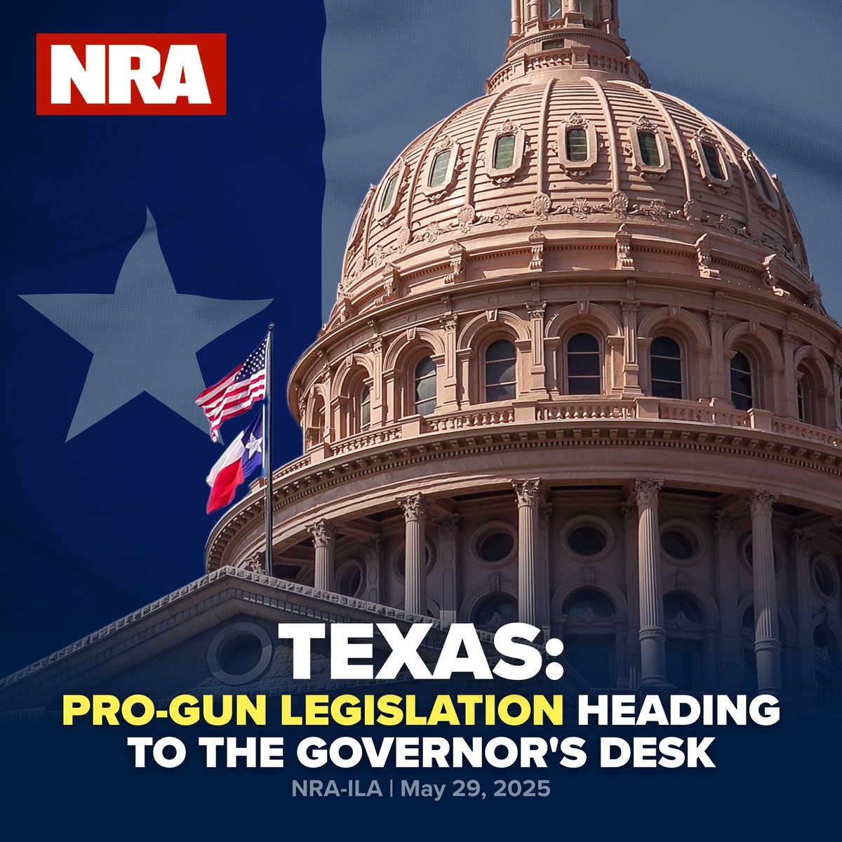 NRA (@nra) on Twitter photo Texas lawmakers are seeking to protect due process, end firearm prohibitions, safeguard gun owner privacy, and block local gun buyback programs.
These four pro-gun bills are now headed to Gov. <a href="/GregAbbott_TX/">Greg Abbott</a>’s desk for his signature.
➡️ nraila.org/articles/20250… Texas lawmakers are seeking to protect due process, end firearm prohibitions, safeguard gun owner privacy, and block local gun buyback programs.
These four pro-gun bills are now headed to Gov. <a href="/GregAbbott_TX/">Greg Abbott</a>’s desk for his signature.
➡️ nraila.org/articles/20250…