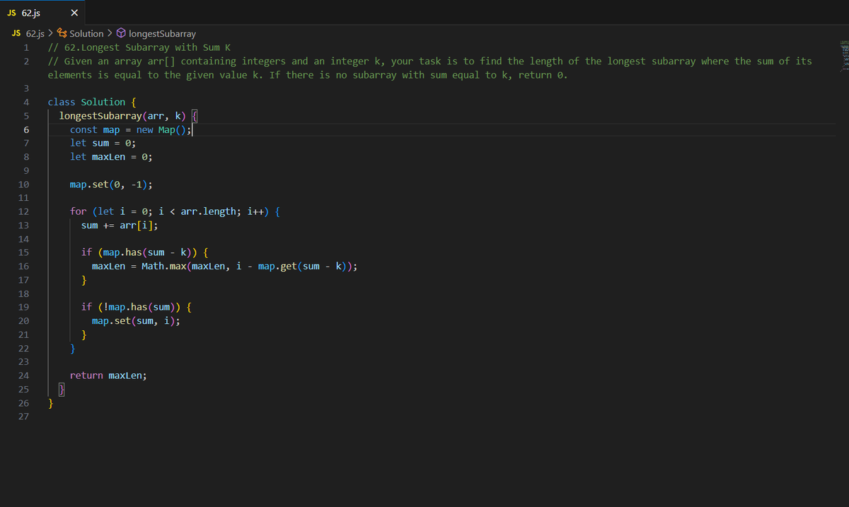 Shashank8839's tweet photo. 📍 Day 62 of #geekstreak2025 | #gfg160
🔥 Problem: Longest Subarray with Sum K
🧠 HashMap + Prefix Sum to the rescue! @geeksforgeeks  #javascript #subarraysum #prefixsum #hashmaplogic #dsa #interviewprep https://t.co/vQpqmJkAYt