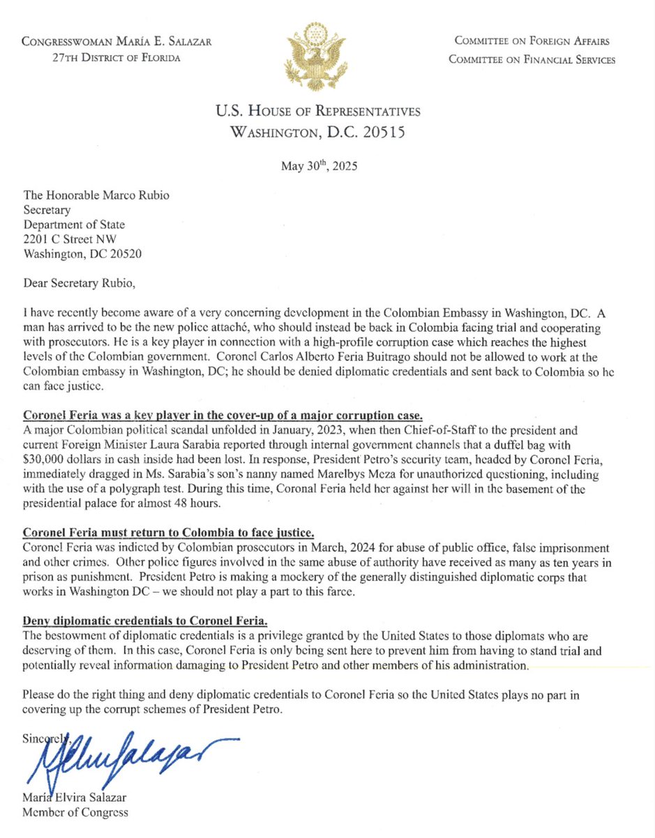 Acabo de enviar una carta a <a href="/SecRubio/">Secretary Marco Rubio</a> instando a la administración a que niegue las credenciales diplomáticas al coronel Carlos Feria.

Debe ser enviado de regreso a Colombia, donde está imputado por abuso de poder, privación ilegal de la libertad y participación en un grave caso