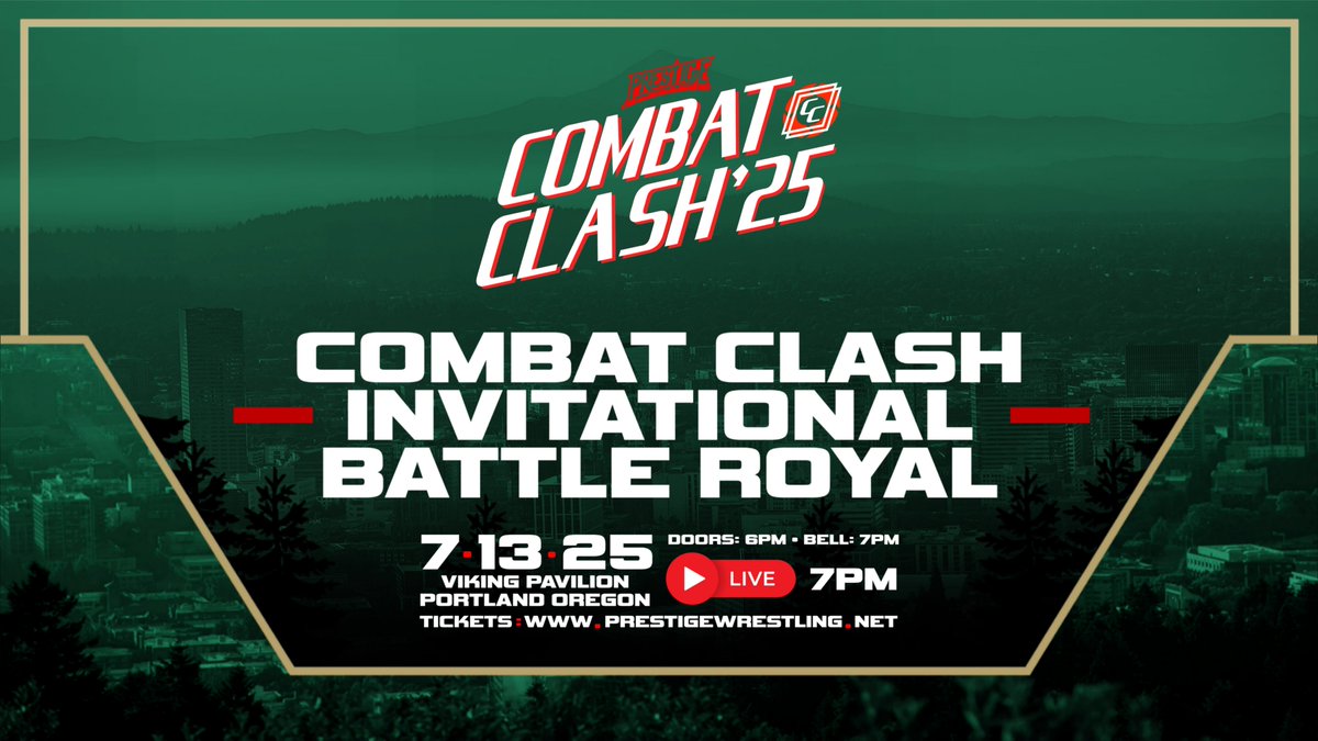 🚨 BREAKING NEWS 🚨

The first ever COMBAT CLASH INVITATIONAL BATTLE ROYAL takes place at #CombatClash 2025!

July 13th, 2025
Portland, Oregon
Viking Pavilion Arena
All Ages (bar with ID)

Streaming live on YouTube at 7 PM PDT!

🎟️ eventbrite.com/e/prestige-wre…