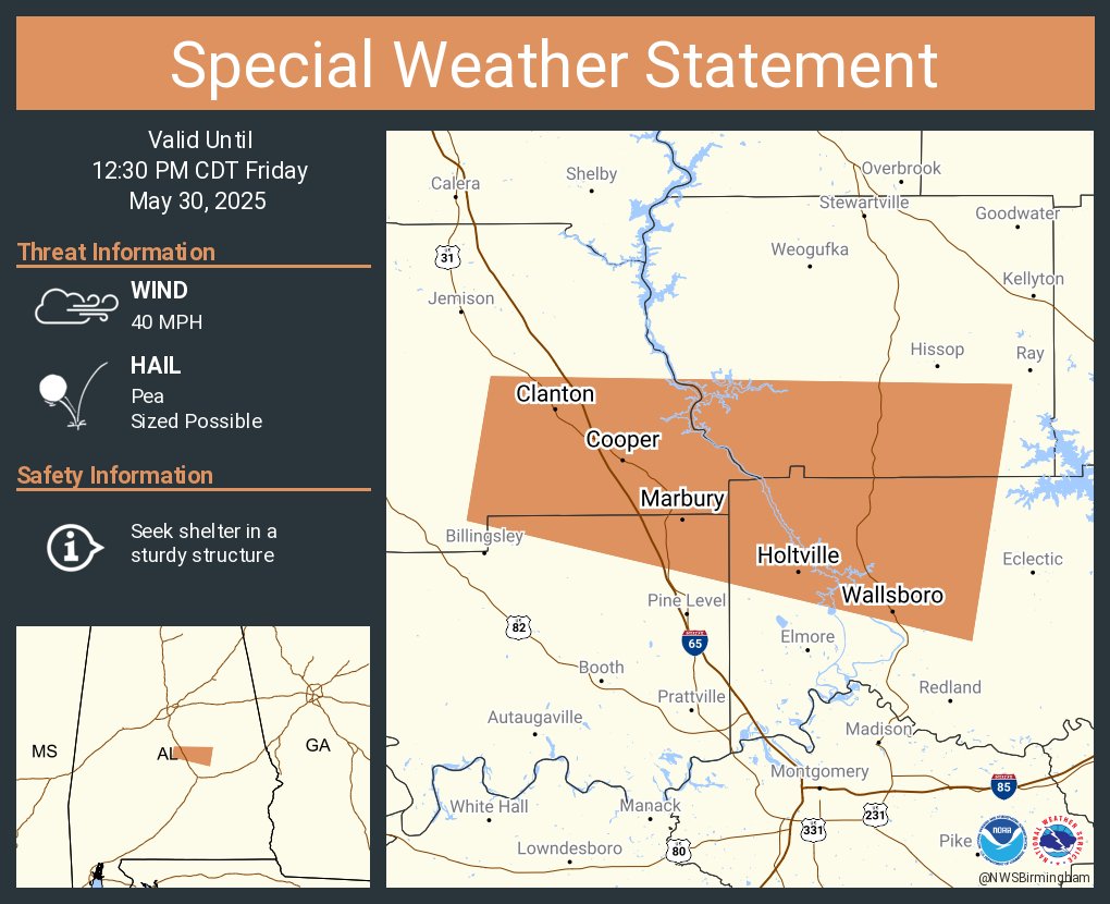 A special weather statement has been issued for Clanton AL, Holtville AL and  Marbury AL until 12:30 PM CDT