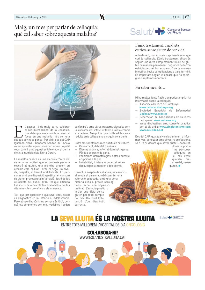 🌾 Avui a la <a href="/VeuAnoia/">La Veu de l'Anoia</a> en paper, no et perdis l’article «Maig, un mes per parlar de celiaquia: què cal saber sobre aquesta malaltia?», elaborat per la dietista-nutricionista Núria Duran. Descobreix què és la celiaquia, com es diagnostica i per què una dieta sense gluten és clau.
