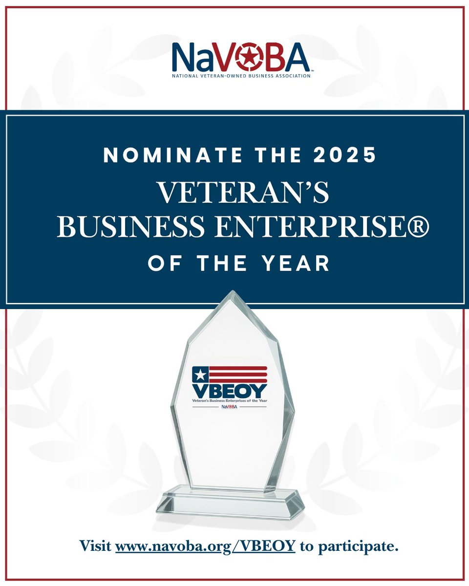 Nominations are now open! 🏆
We’re honoring one exceptional Veteran’s Business Enterprise® at this year’s Joint Forces Forum on October 1, 2025.
Know a VBE® that’s setting the standard? Nominate them now at navoba.org/vbeoy
#VBEOY #NaVOBA #VeteranBusiness #JointForcesForum