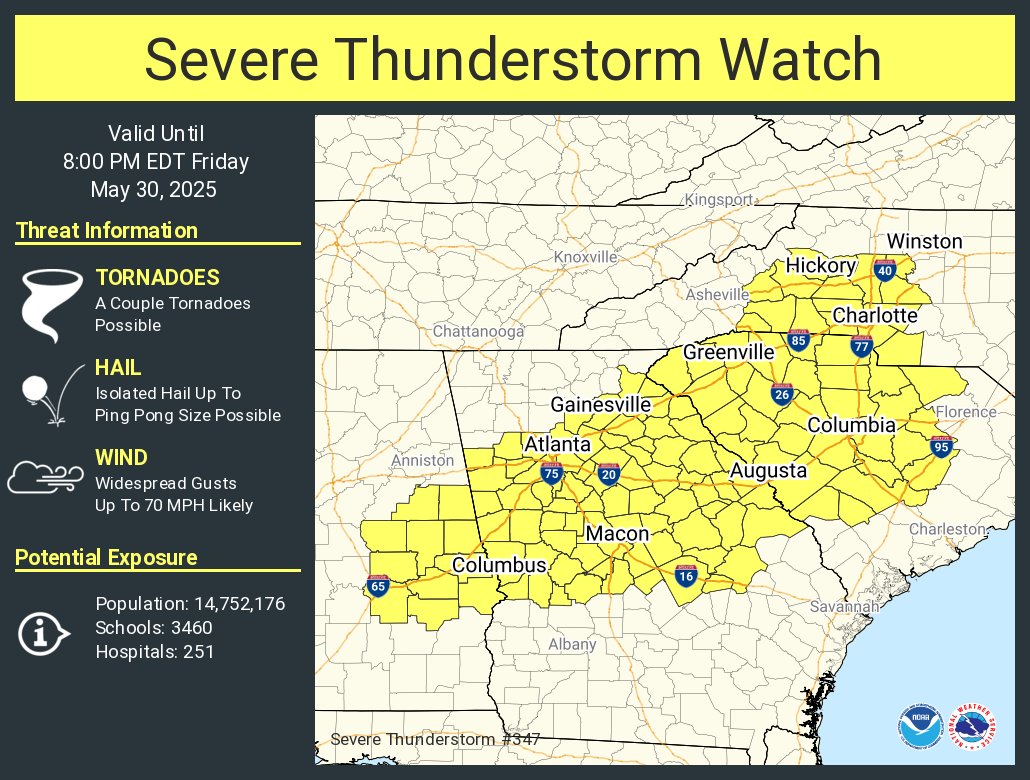 A severe thunderstorm watch has been issued for parts of Alabama, Georgia, North Carolina and South Carolina until 8 PM EDT