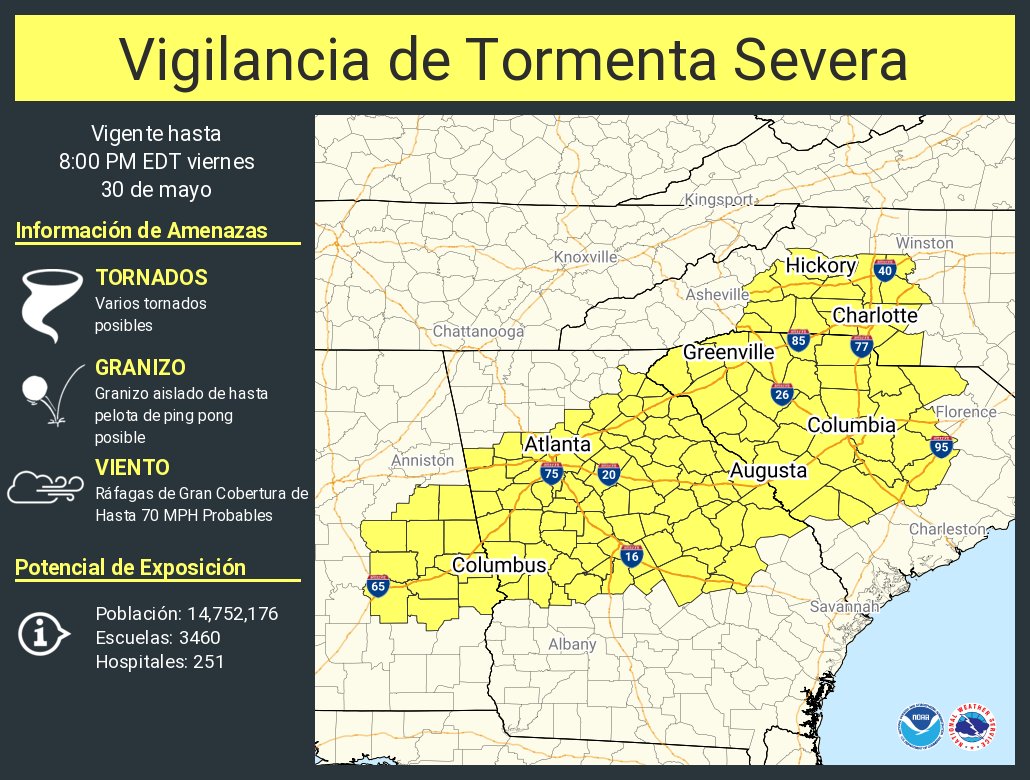 Vigilancia de Tormenta Severa ha sido emitida para partes de AL, GA, NC, SC hasta las 8 PM EDT