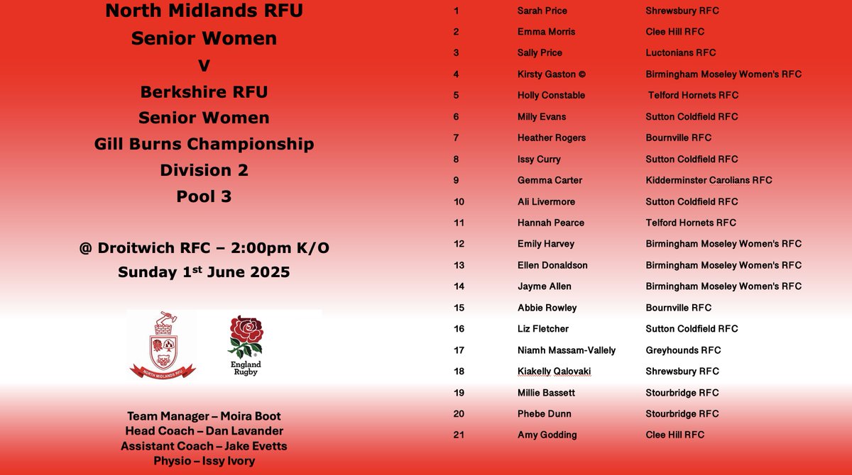 Here's your North Midland Senior Ladies squad to face Berkshire on Sunday 1st June - good luck ladies