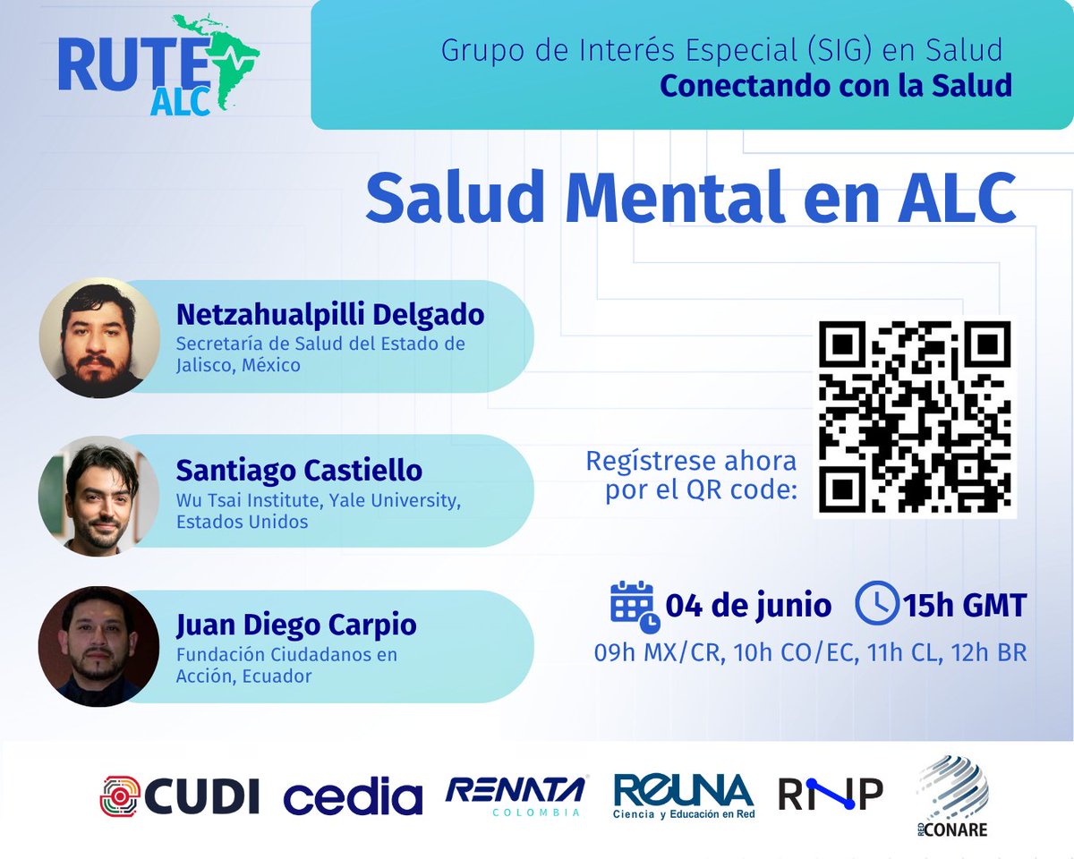 REUNA (@red_reuna) on Twitter photo Este 4 de junio participa en el 7º webinar de RUTE-ALC "Salud mental en América Latina y el Caribe", donde expertos analizarán cómo la telemedicina y las herramientas digitales pueden aportar en el abordaje integral de esta especialidad médica.
Más info en t.ly/48Lu2 Este 4 de junio participa en el 7º webinar de RUTE-ALC "Salud mental en América Latina y el Caribe", donde expertos analizarán cómo la telemedicina y las herramientas digitales pueden aportar en el abordaje integral de esta especialidad médica.
Más info en t.ly/48Lu2