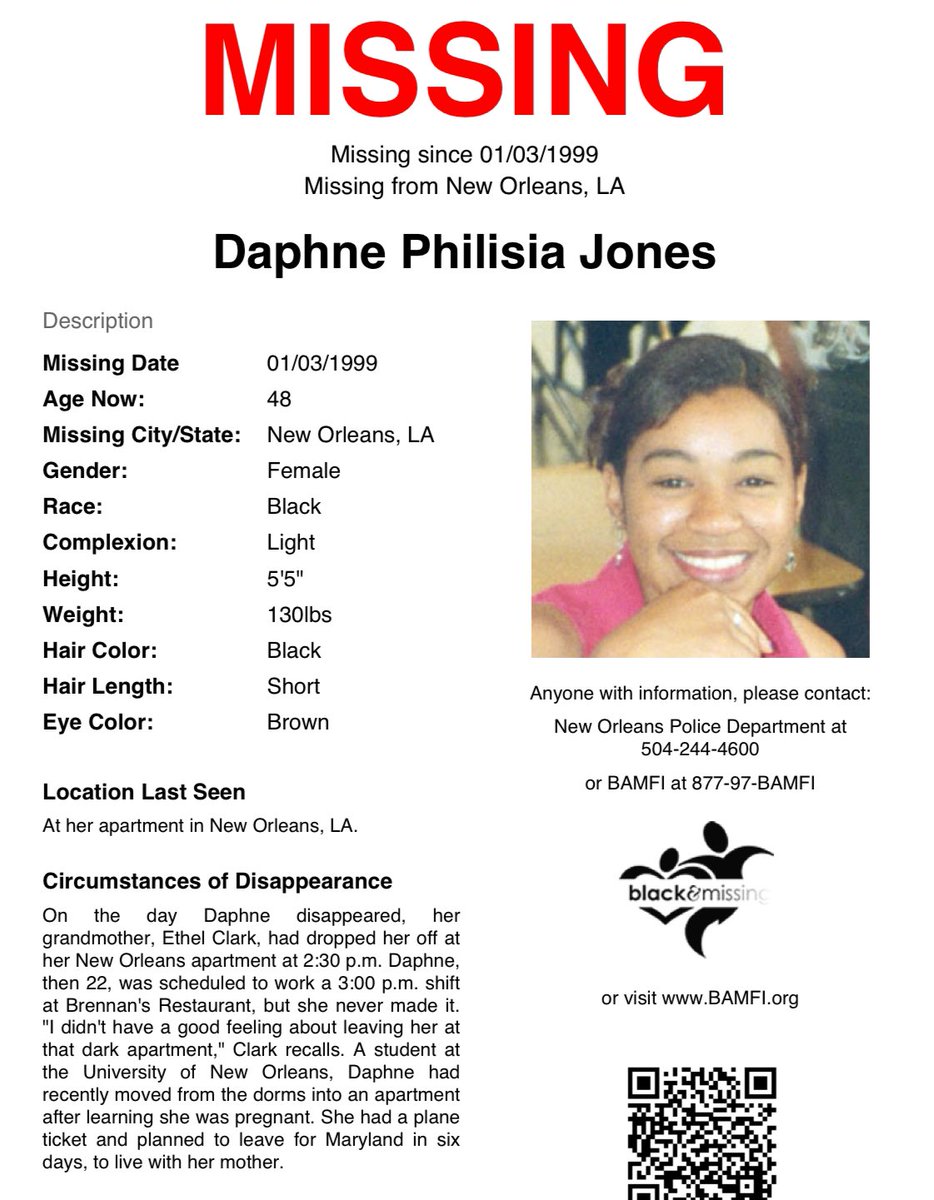 #FindingFriday: #NewOrleans, #LA: Then 22y/o #DaphneJones was last seen after being dropped off at her apartment by her grandma at 2:30pm on Jan 3, 1999, in a yellow jacket, blue jeans &amp; athletic shoes. Daphne was scheduled to work a 3pm shift at Brennan’s but never made it.