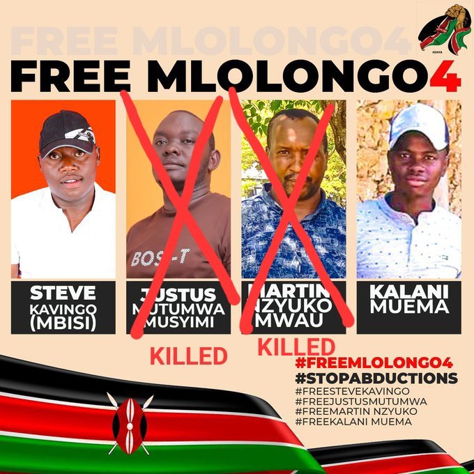 Steve Kavingo Mbisi and Kalani Muema are still missing after being abducted in December. Two people that they were abducted with have been found dead.