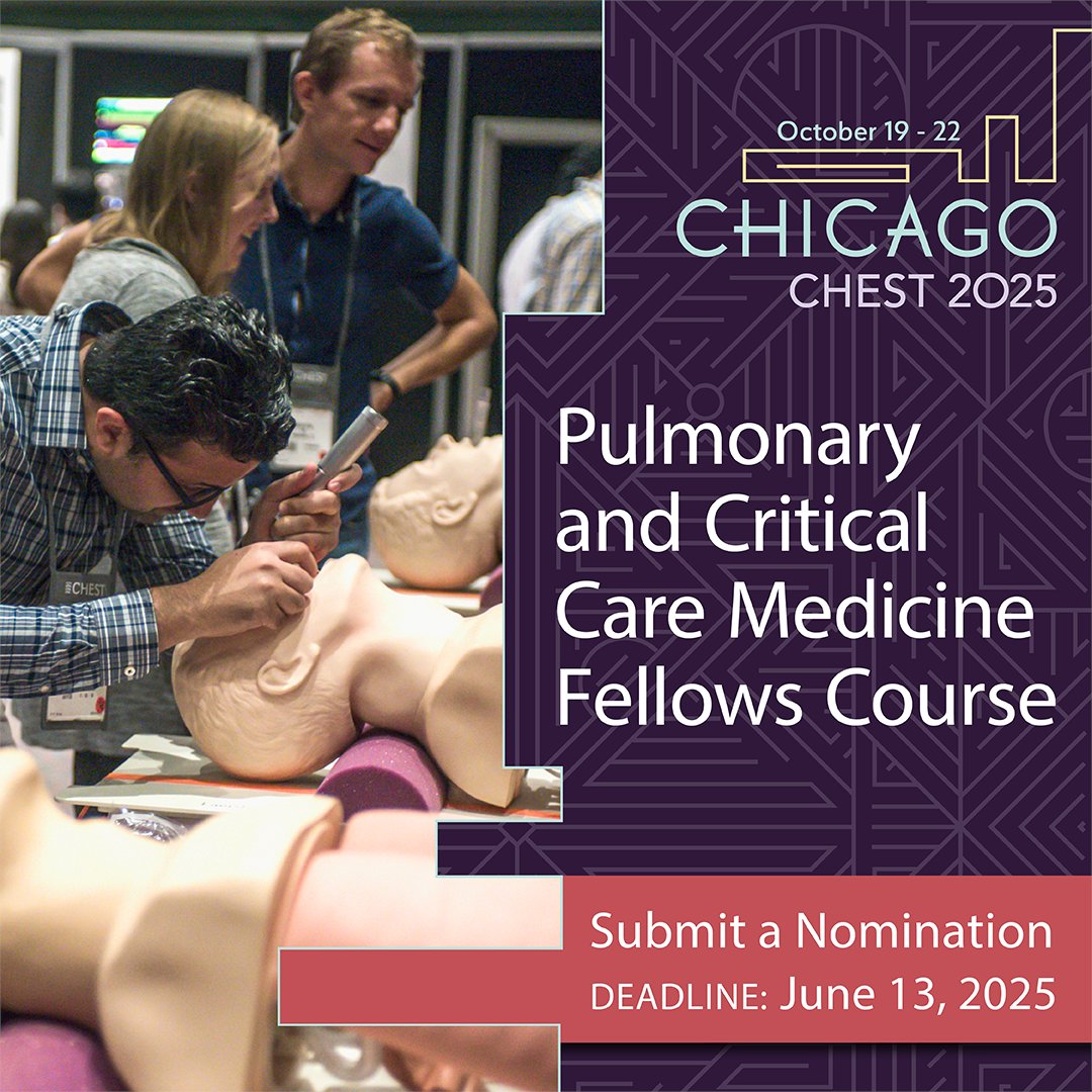 CHEST (@accpchest) on Twitter photo Nominations are open for the #CHEST2025 Pulmonary and Critical Care Medicine Fellows Course on Saturday, October 18, in Chicago. Nominate a fellow by June 13 for this full-day, invite-only course led by expert CHEST educators. 
hubs.la/Q03pQ8jj0 Nominations are open for the #CHEST2025 Pulmonary and Critical Care Medicine Fellows Course on Saturday, October 18, in Chicago. Nominate a fellow by June 13 for this full-day, invite-only course led by expert CHEST educators. 
hubs.la/Q03pQ8jj0