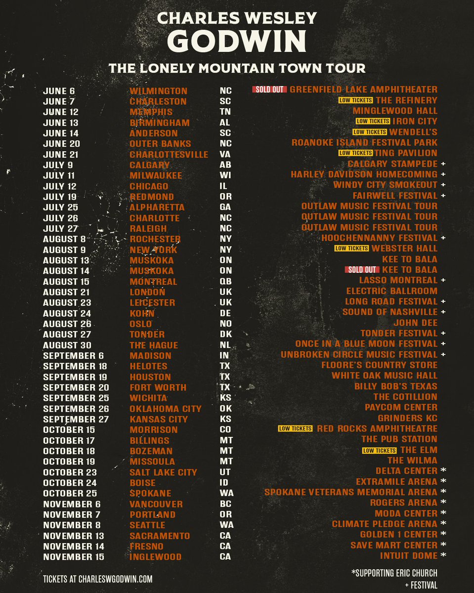 Charles Wesley Godwin (@charleswesleyg) on Twitter photo All tickets for the next leg of The Lonely Mountain Town Tour are on sale now! Night one in Muskoka at <a href="/TheKEEtoBala/">The KEE to Bala</a> is SOLD OUT, so weâve added a second show on August 13. Tickets available at the link below! Where will we be seeing you this year? đ
charleswgodwin.com/#tour-horizon-âŚ
- All tickets for the next leg of The Lonely Mountain Town Tour are on sale now! Night one in Muskoka at <a href="/TheKEEtoBala/">The KEE to Bala</a> is SOLD OUT, so weâve added a second show on August 13. Tickets available at the link below! Where will we be seeing you this year? đ
charleswgodwin.com/#tour-horizon-âŚ
-
